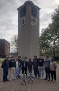 Robo-dogs in front of clock tower