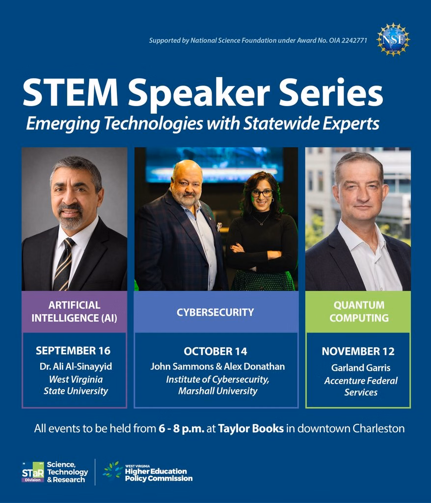 Event flier: Dr. Ali Al-Sinayyid speaks at the STEM Speaker Series, September 16, 6-8pm, Taylor Books, downtown Charleston