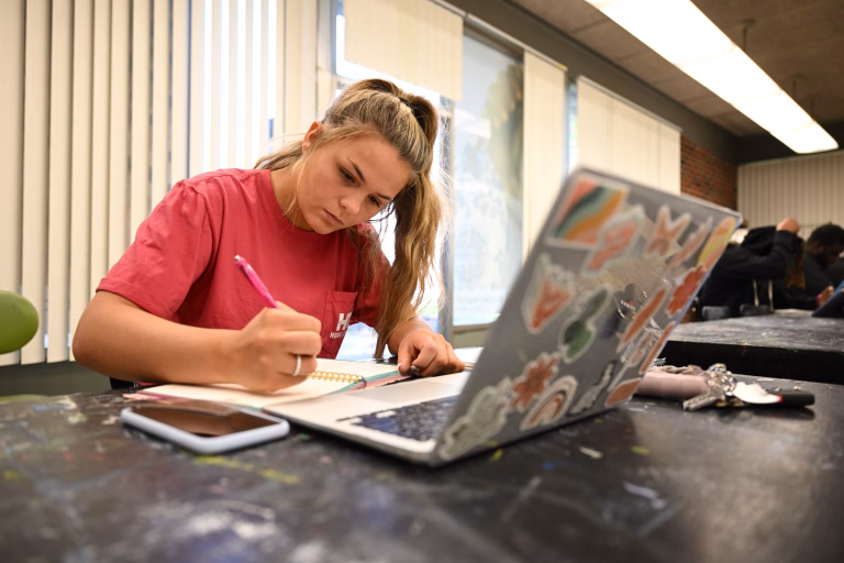 Student studying on laptop.