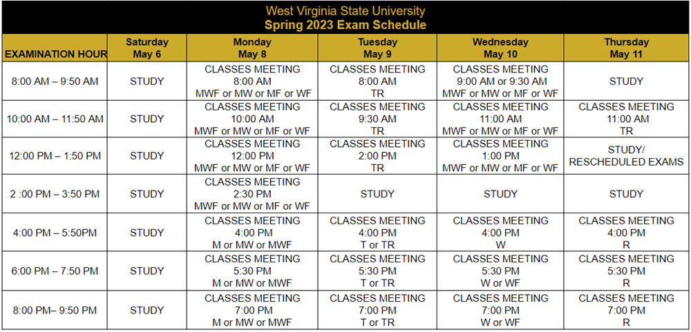 West Virginia State University - Final Exam Schedule