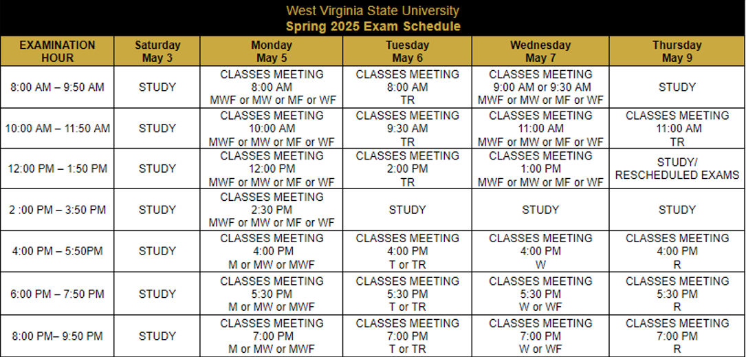 West Virginia State University Final Exam Schedule