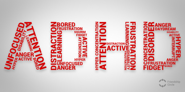 adhd formed with smaller words such as unfocused, distraction, frustration and fidget