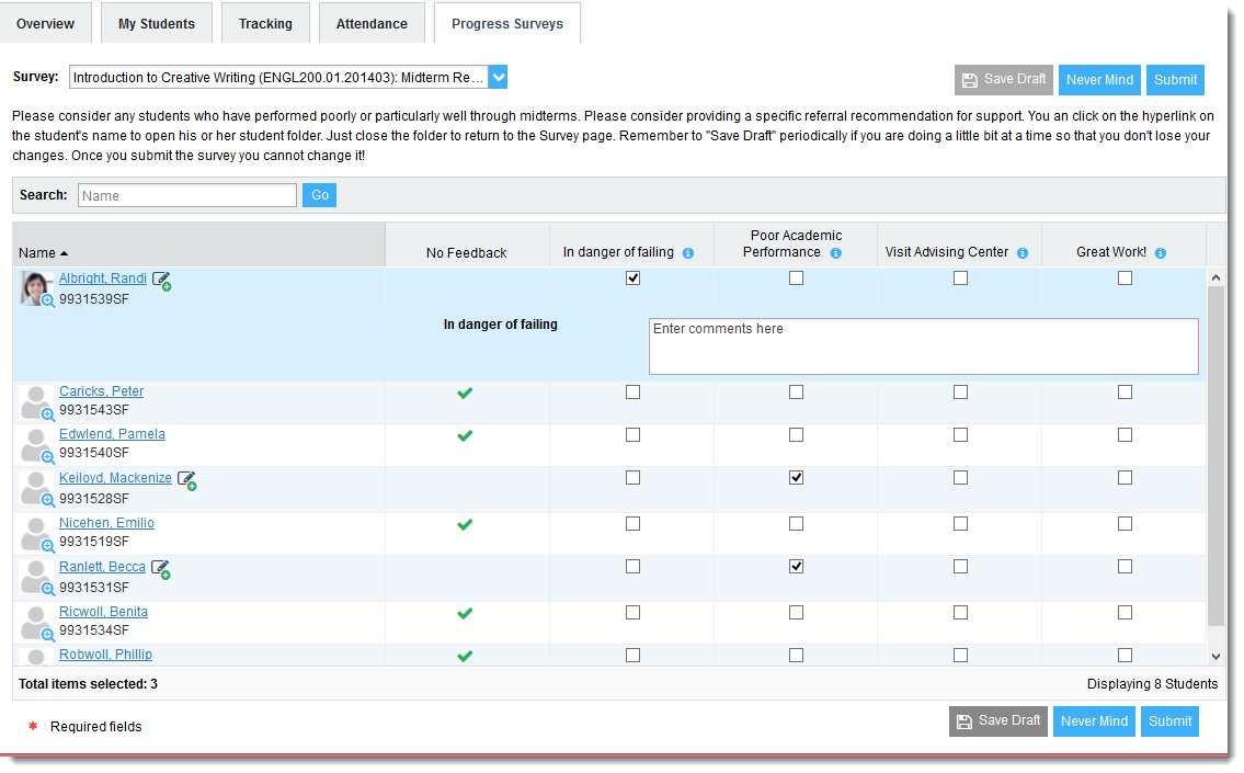 The selected survey opens, listing your students on the left, and items you may raise across the top.