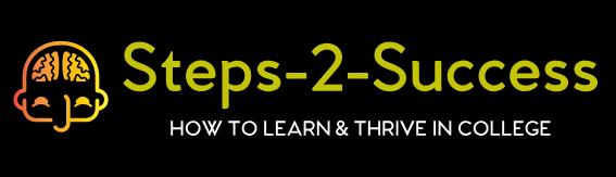 A black rectangular box with a picture of a brain within a human head on the left side of the box and including the words Steps-2-Success, how to learn and thrive in college.