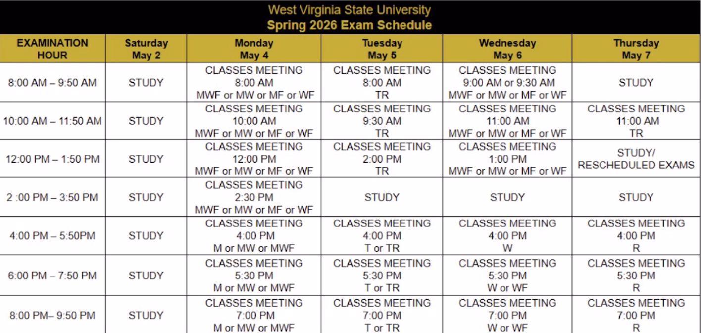 West Virginia State University Spring 2026 Exam Schedule 