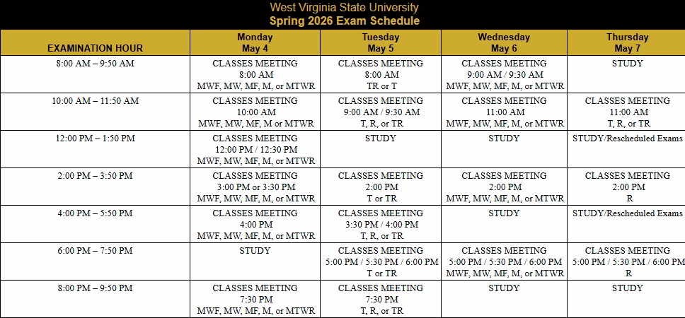 West Virginia State University Spring 2026 Exam Schedule