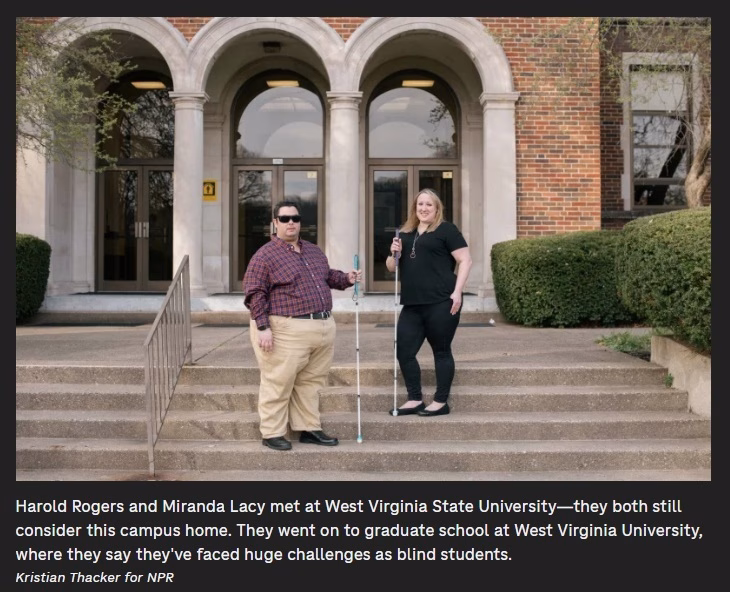Picture of Harold and Miranda Outdoor picture of Harold and Miranda, former students, standing on the steps at the front of Ferrell Hall. They are wearing sunglasses and each is holding a white cane for orientation and mobility.